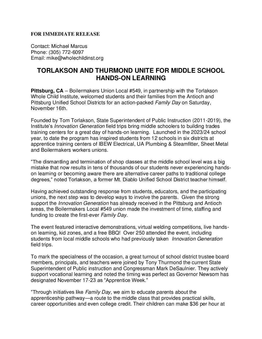 Press Release: Torlakson and Thurmond Unite for Middle School Hands-on Learning Press Release: Torlakson and Thurmond Unite for Middle School Hands-on Learning